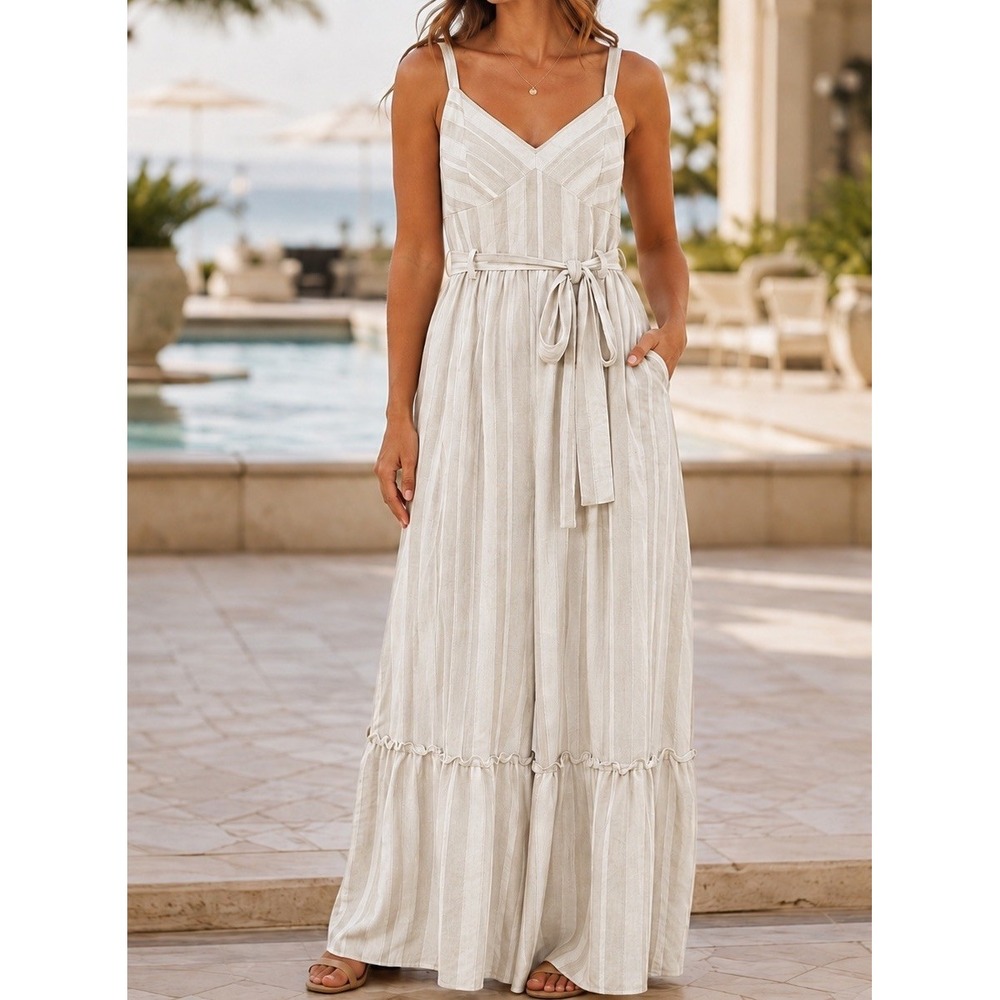 Taylor Women Size 8 Bone Gold Stripe Linen Blend Sweetheart Maxi Tiered Dress